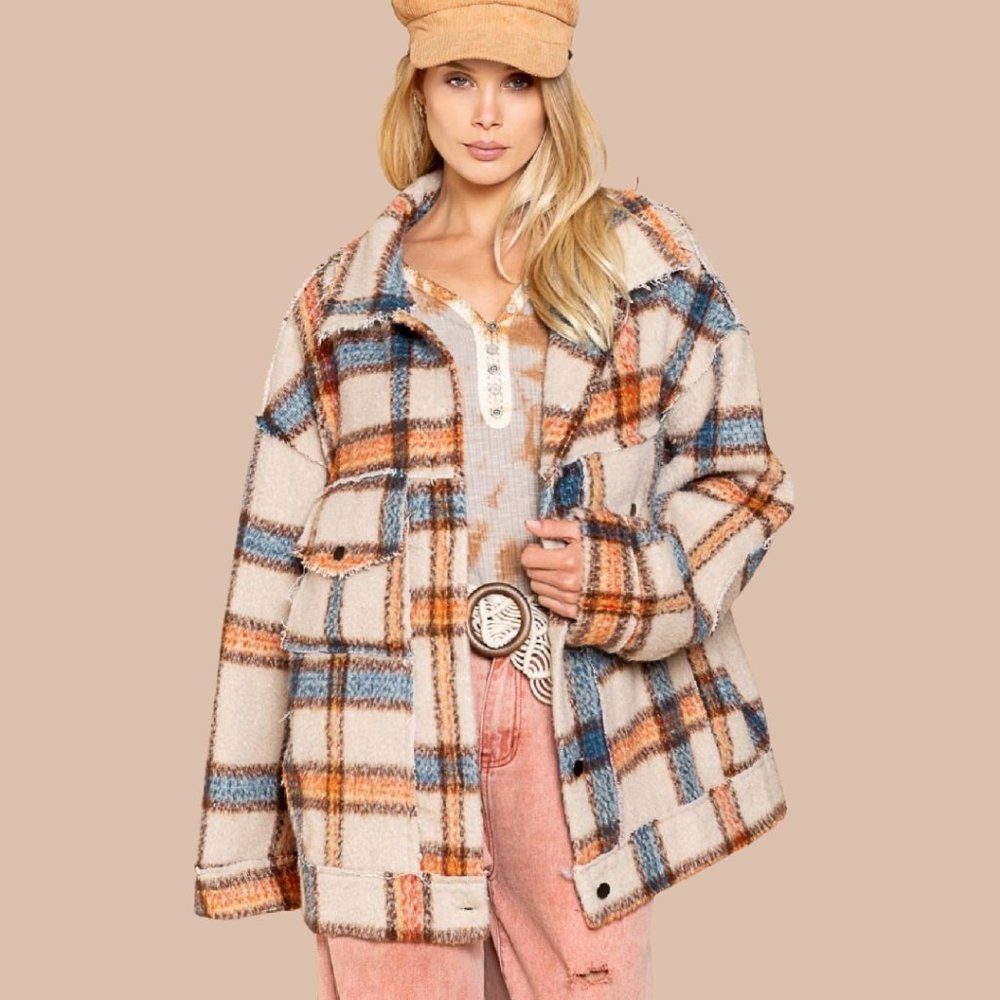 POL Plaid Bell Sleeve Oversized Shirt Jacket Ultimate in Bohemian Casual Wear